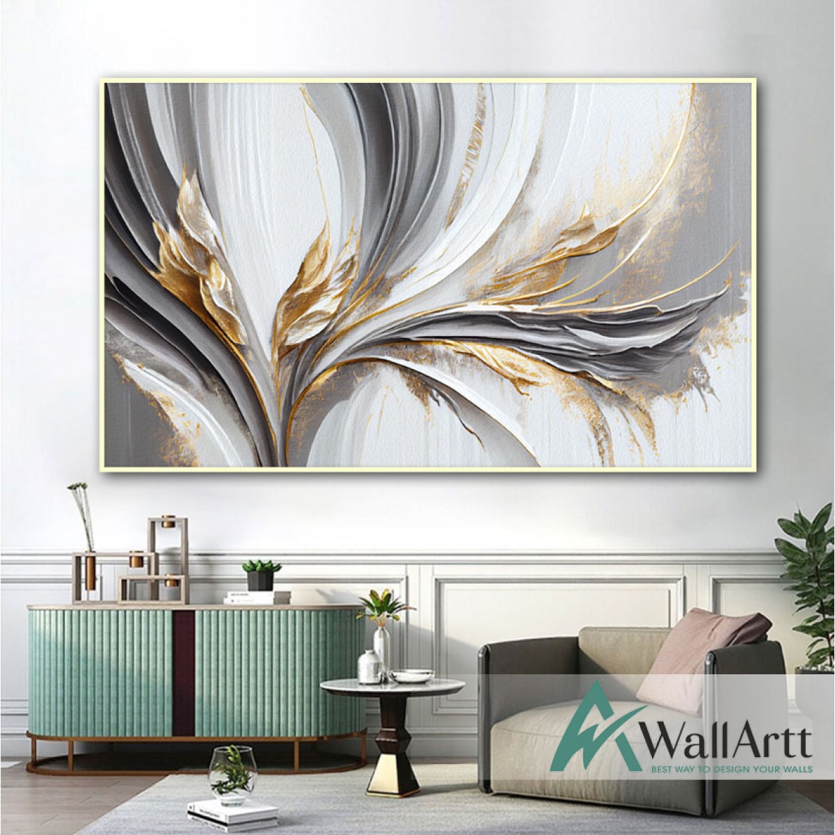 Abstract Gold  Leaves 3d Heavy Textured Partial Oil Painting